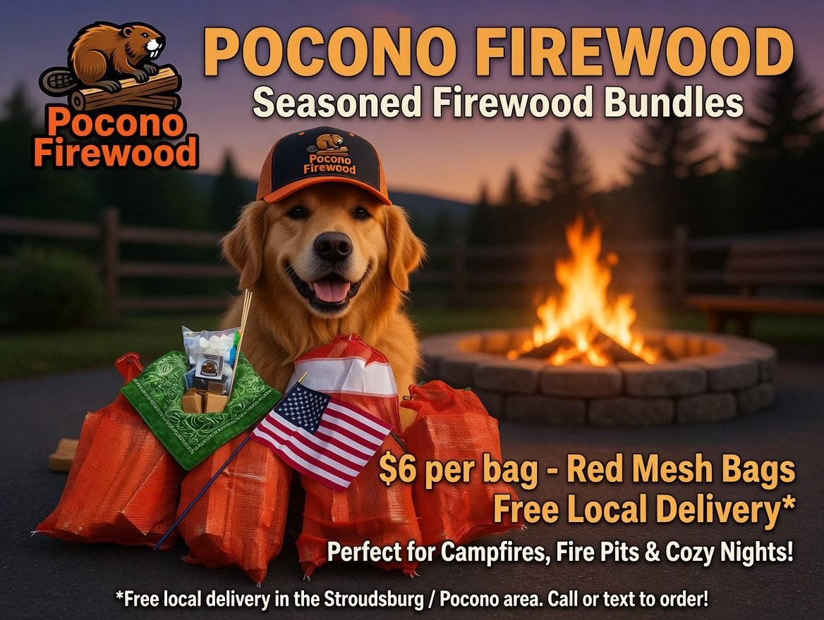 Pocono Firewood mascot dog with bundles of seasoned firewood by a campfire