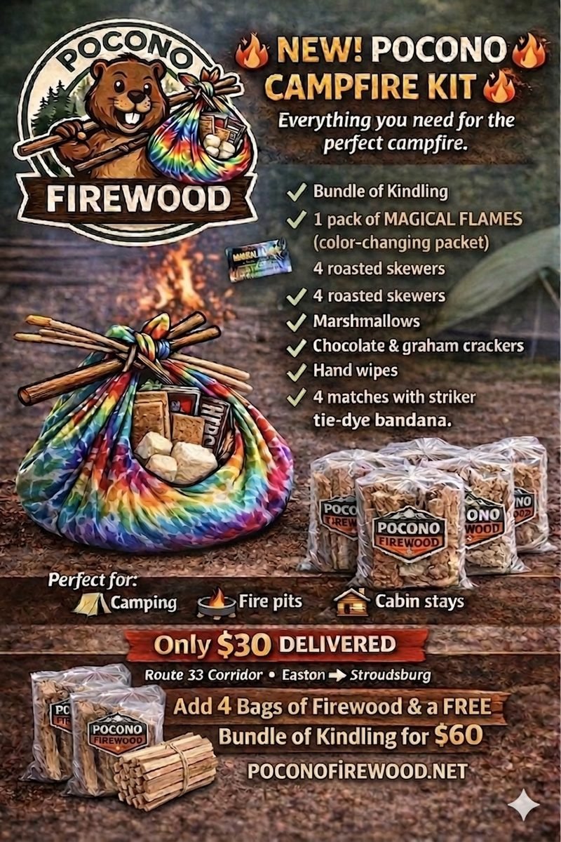 Pocono Firewood campfire kit with kindling, s'mores supplies, and matches