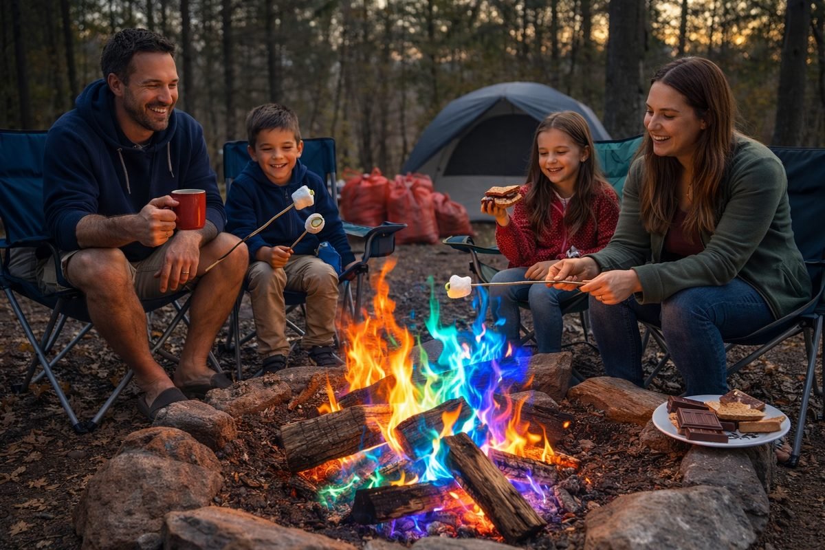 A family roasting marshmallows together around a campfire
