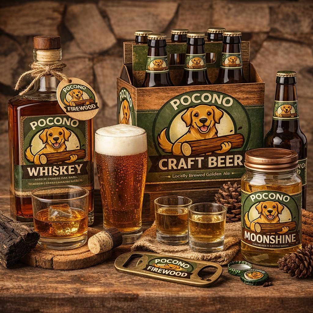 Pocono Firewood branded whiskey, beer, and moonshine bottles on a wood table