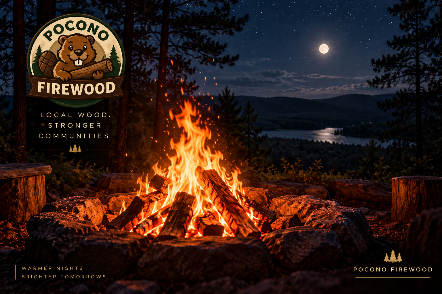 A campfire burns at night in the Pocono Mountains under a full moon, with the Pocono Firewood logo and the tagline 'Local wood. Stronger communities.'