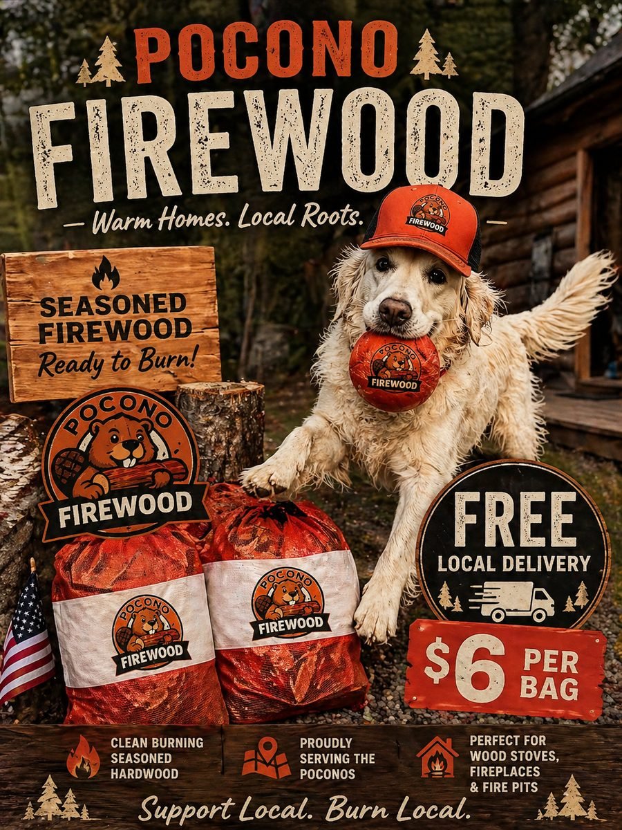 Pocono Firewood mascot dog with bagged firewood and a free local delivery graphic