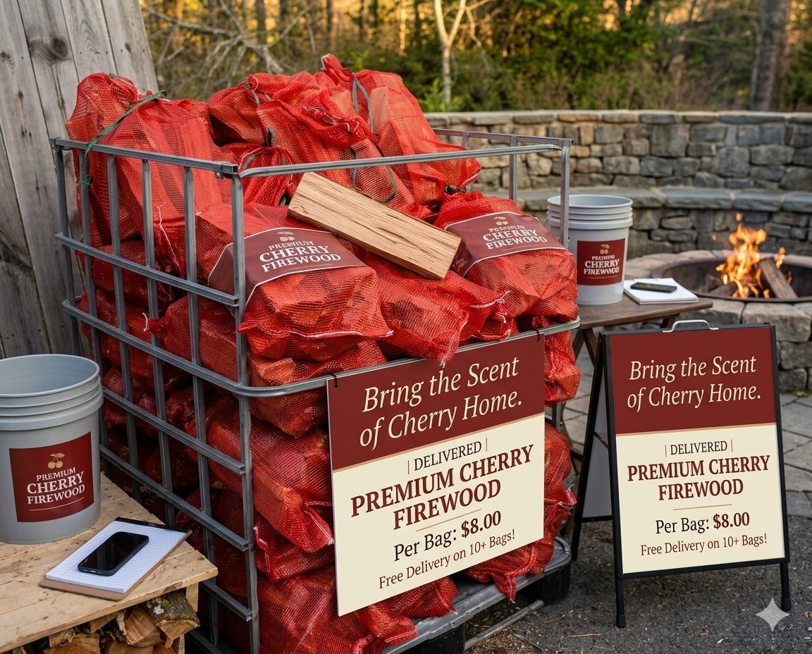 Bags of premium cherry firewood, delivered to your door