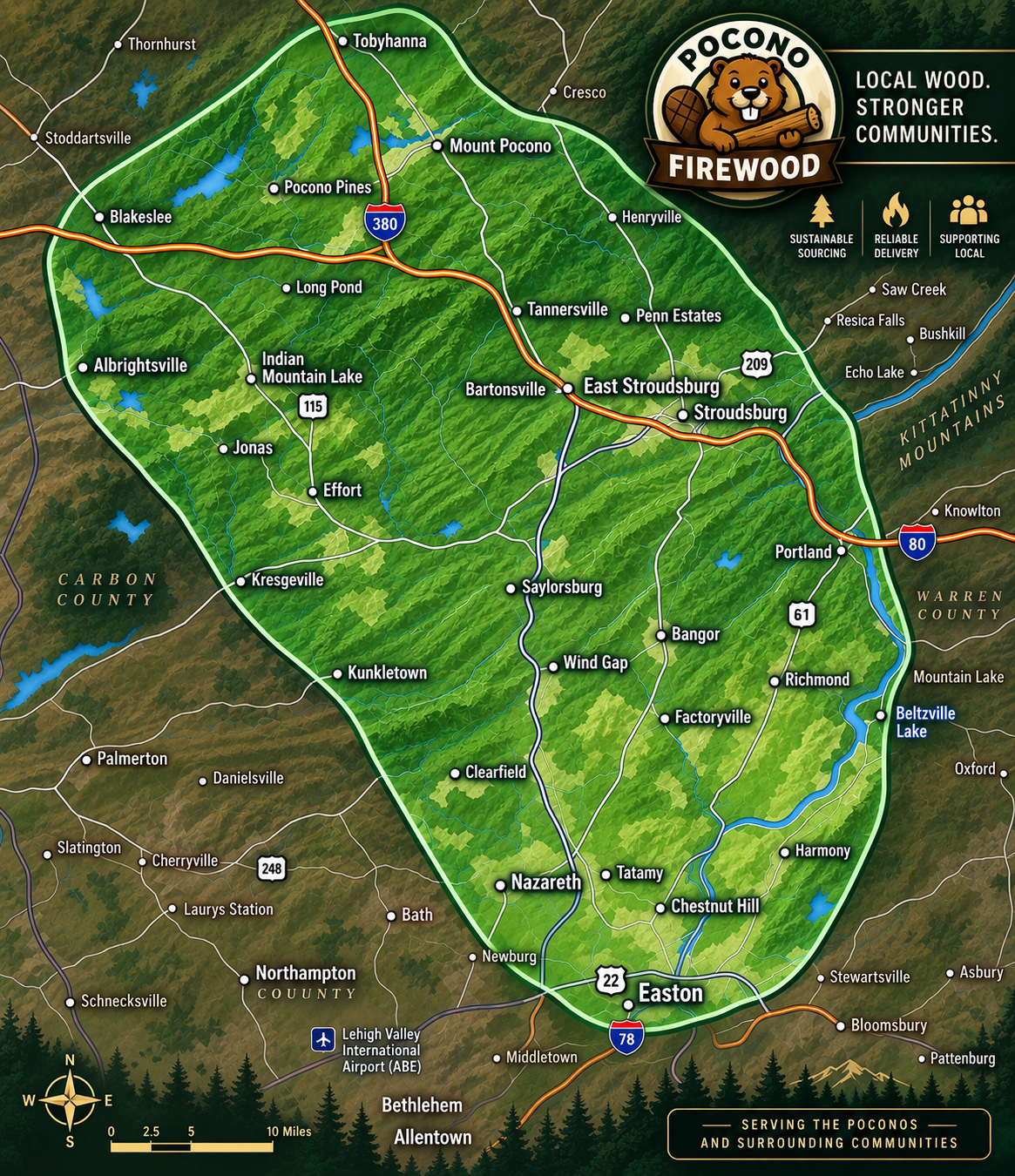 Pocono Firewood delivery service area map covering Saylorsburg, Stroudsburg, East Stroudsburg, Mount Pocono, Tobyhanna, and surrounding Poconos communities