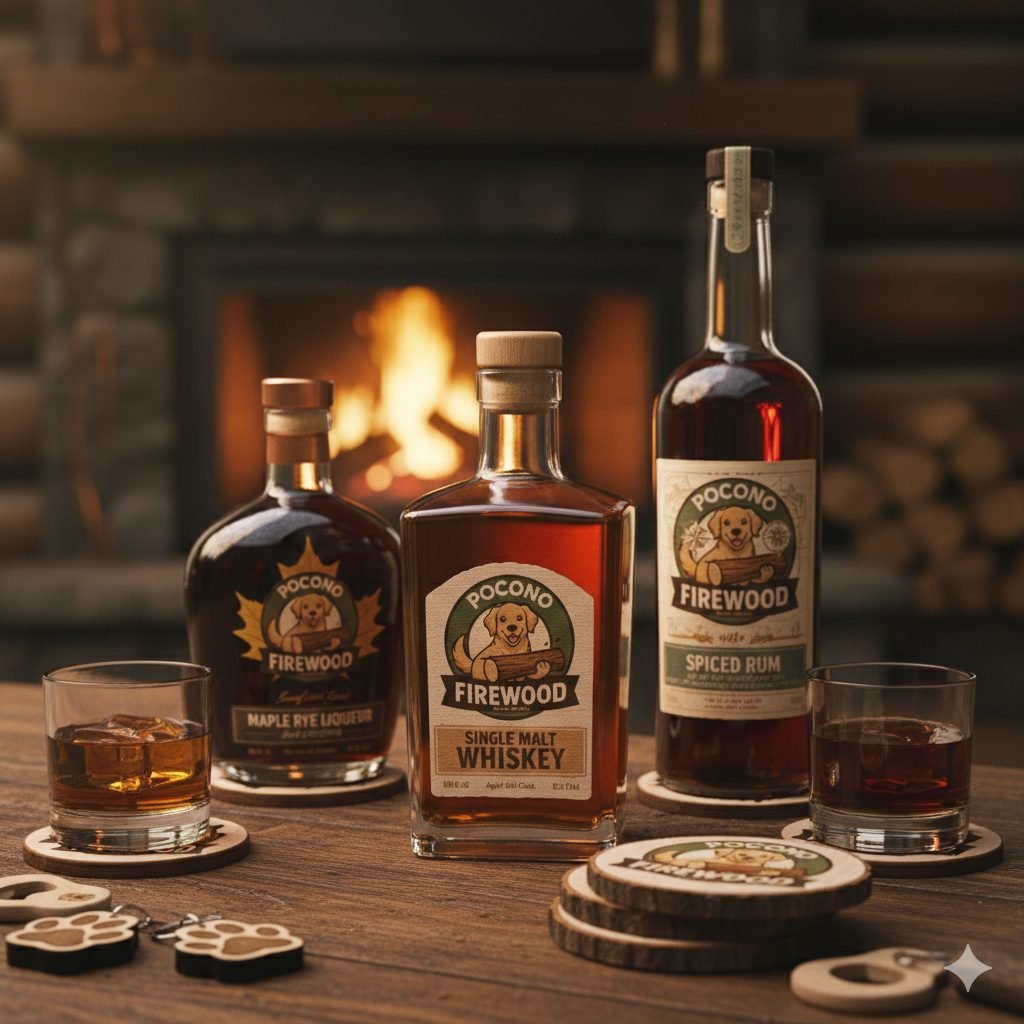 Pocono Firewood branded whiskey, rye liqueur, and spiced rum bottles by a fireplace
