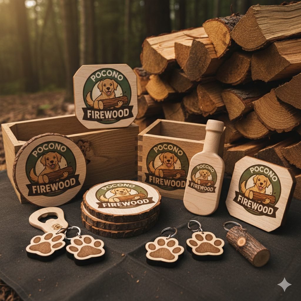 Wood-crafted Pocono Firewood branded coasters, boxes, and keychains