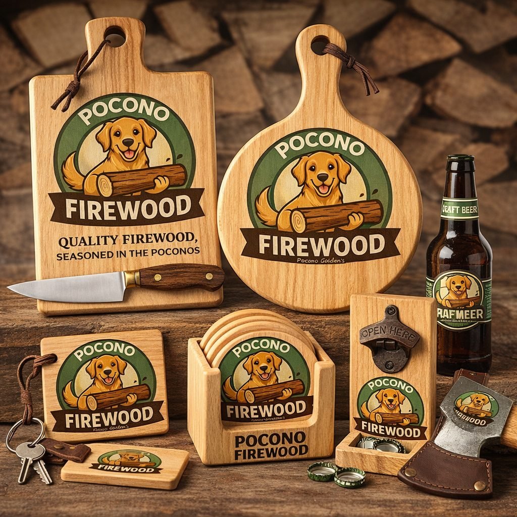 Wood-crafted Pocono Firewood branded cutting boards, coasters, and a bottle opener